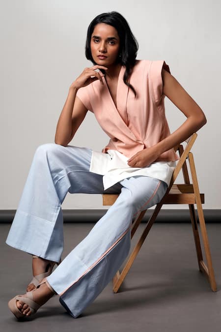 Buy Madder Much Peach Handloom , And Blue Blazer Pant Set Buy_Madder Much_Peach Handloom , And Blue Blazer Pant Set