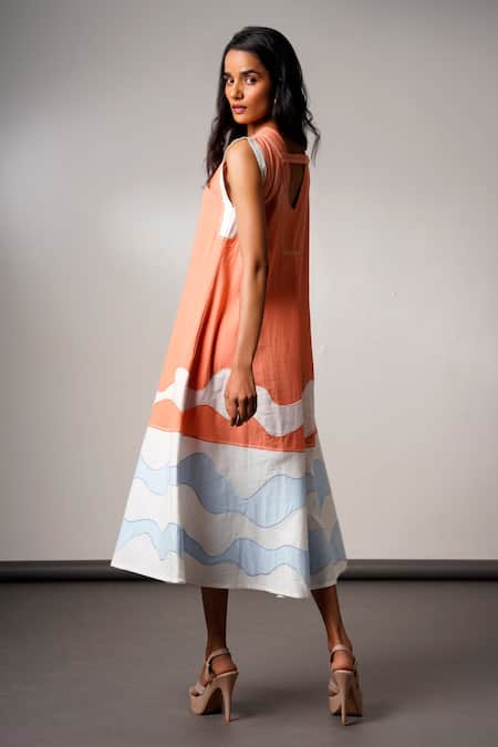 Madder Much Tangrine Handloom Cotton Midi Dress 