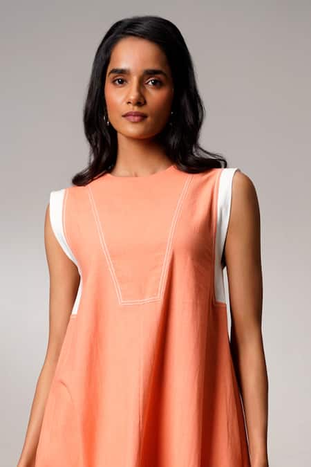 Madder Much Peach Cotton Round Neck Tangrine Handloom Midi Dress Online at Aza Fashions Madder Much_Peach Cotton Round Neck Tangrine Handloom Midi Dress _Online_at_Aza_Fashions