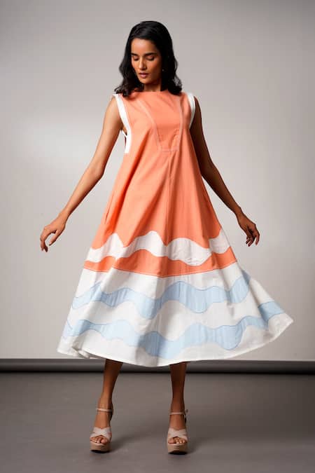 Buy Madder Much Peach Cotton Round Neck Tangrine Handloom Midi Dress Online at Aza Fashions Buy_Madder Much_Peach Cotton Round Neck Tangrine Handloom Midi Dress _Online_at_Aza_Fashions