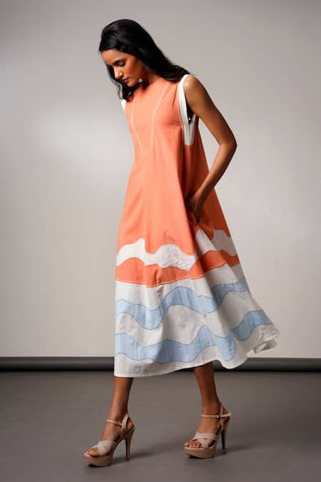 Shop Madder Much Peach Cotton Round Neck Tangrine Handloom Midi Dress Online at Aza Fashions Shop_Madder Much_Peach Cotton Round Neck Tangrine Handloom Midi Dress _Online_at_Aza_Fashions