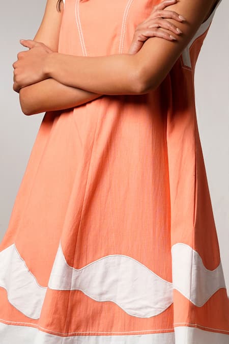 Madder Much Peach Cotton Round Neck Tangrine Handloom Midi Dress at Aza Fashions Madder Much_Peach Cotton Round Neck Tangrine Handloom Midi Dress _at_Aza_Fashions