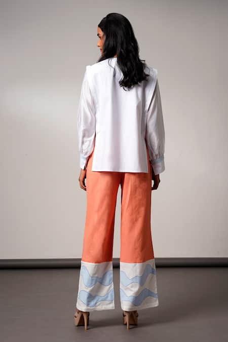 Shop Madder Much White Cotton Split V-neck And Orange Handloom Set at Aza Fashions Shop_Madder Much_White Cotton Split V-neck And Orange Handloom Set _at_Aza_Fashions