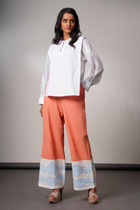 Shop Madder Much White Cotton Split V-neck And Orange Handloom Set Online at Aza Fashions Shop_Madder Much_White Cotton Split V-neck And Orange Handloom Set _Online_at_Aza_Fashions