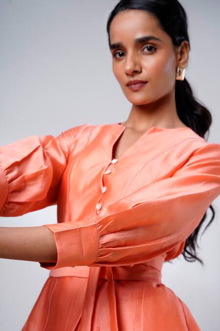 Madder Much Orange Cotton Embroidery Round Neck Tangerine Wrap Top And Skirt Set Online at Aza Fashions Madder Much_Orange Cotton Embroidery Round Neck Tangerine Wrap Top And Skirt Set _Online_at_Aza_Fashions