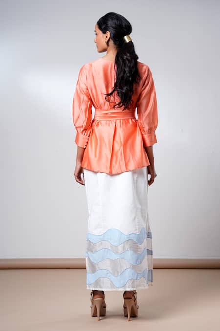 Shop Madder Much Orange Cotton Embroidery Round Neck Tangerine Wrap Top And Skirt Set at Aza Fashions Shop_Madder Much_Orange Cotton Embroidery Round Neck Tangerine Wrap Top And Skirt Set _at_Aza_Fashions