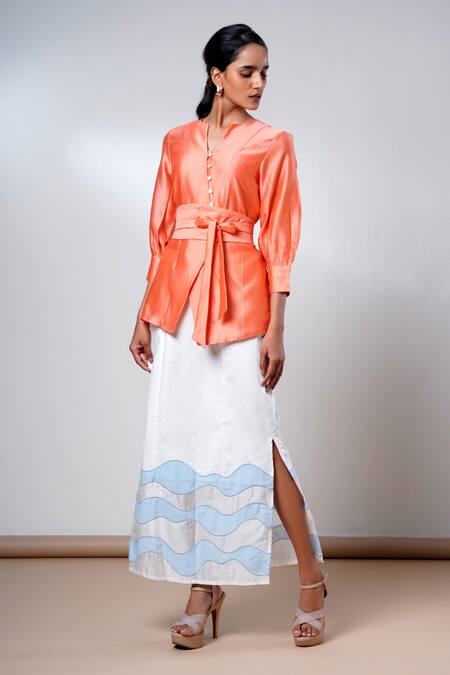 Shop Madder Much Orange Cotton Embroidery Round Neck Tangerine Wrap Top And Skirt Set Online at Aza Fashions Shop_Madder Much_Orange Cotton Embroidery Round Neck Tangerine Wrap Top And Skirt Set _Online_at_Aza_Fashions