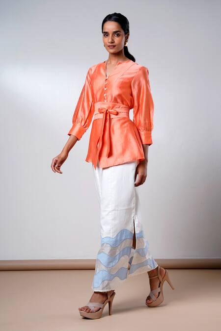 Buy Madder Much Orange Cotton Embroidery Round Neck Tangerine Wrap Top And Skirt Set Buy_Madder Much_Orange Cotton Embroidery Round Neck Tangerine Wrap Top And Skirt Set