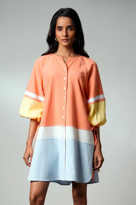 Shop Madder Much Multi Color Cotton V-neck Block Handloom Dress Online at Aza Fashions Shop_Madder Much_Multi Color Cotton V-neck Block Handloom Dress _Online_at_Aza_Fashions