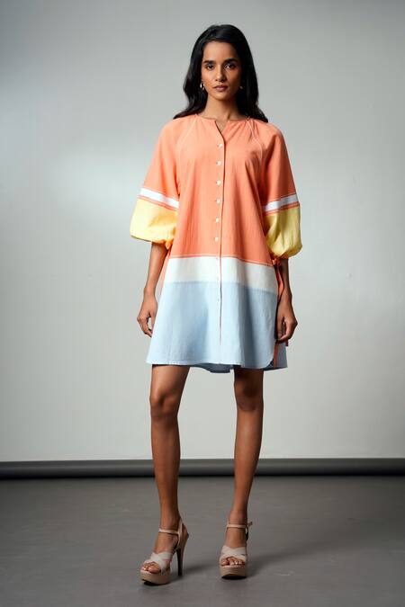 Madder Much Multi Color Cotton V-neck Block Handloom Dress at Aza Fashions Madder Much_Multi Color Cotton V-neck Block Handloom Dress _at_Aza_Fashions