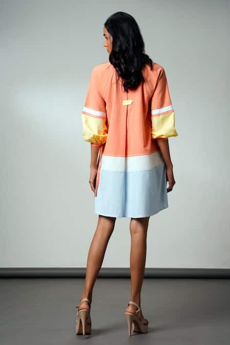 Shop Madder Much Multi Color Cotton V-neck Block Handloom Dress at Aza Fashions Shop_Madder Much_Multi Color Cotton V-neck Block Handloom Dress _at_Aza_Fashions