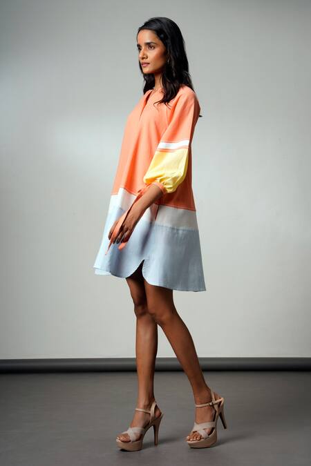 Buy Madder Much Multi Color Cotton V-neck Block Handloom Dress Buy_Madder Much_Multi Color Cotton V-neck Block Handloom Dress