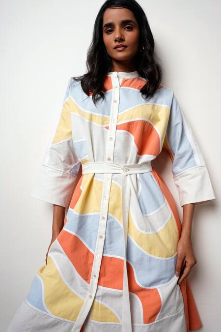 Madder Much Multi Color Cotton Collared Brushstroke Midi Dress With Belt Online at Aza Fashions Madder Much_Multi Color Cotton Collared Brushstroke Midi Dress With Belt _Online_at_Aza_Fashions