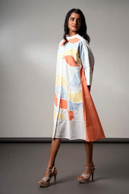 Shop Madder Much Multi Color Cotton Collared Brushstroke Midi Dress With Belt Online at Aza Fashions Shop_Madder Much_Multi Color Cotton Collared Brushstroke Midi Dress With Belt _Online_at_Aza_Fashions