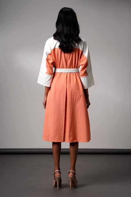 Shop Madder Much Multi Color Cotton Collared Brushstroke Midi Dress With Belt at Aza Fashions Shop_Madder Much_Multi Color Cotton Collared Brushstroke Midi Dress With Belt _at_Aza_Fashions