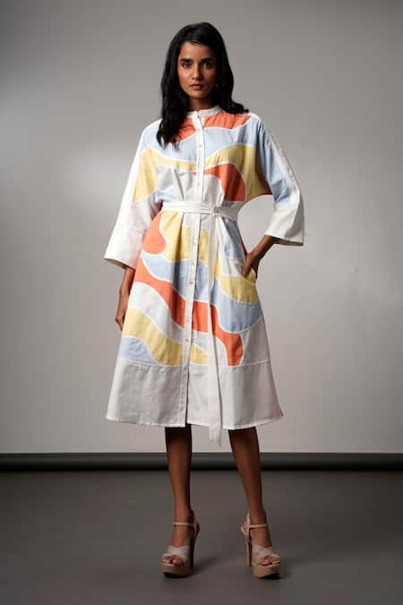 Madder Much Multi Color Cotton Collared Brushstroke Midi Dress With Belt 
