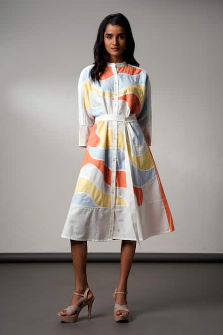 Madder Much Multi Color Cotton Collared Brushstroke Midi Dress With Belt at Aza Fashions Madder Much_Multi Color Cotton Collared Brushstroke Midi Dress With Belt _at_Aza_Fashions