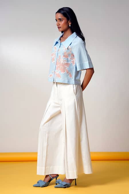 Madder Much Aqua Cotton Embroidery Collared Ice Blue Top And Wide-leg Pant Set Online at Aza Fashions Madder Much_Aqua Cotton Embroidery Collared Ice Blue Top And Wide-leg Pant Set _Online_at_Aza_Fashions