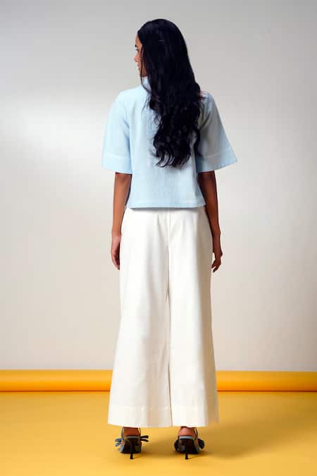 Shop Madder Much Aqua Cotton Embroidery Collared Ice Blue Top And Wide-leg Pant Set at Aza Fashions Shop_Madder Much_Aqua Cotton Embroidery Collared Ice Blue Top And Wide-leg Pant Set _at_Aza_Fashions