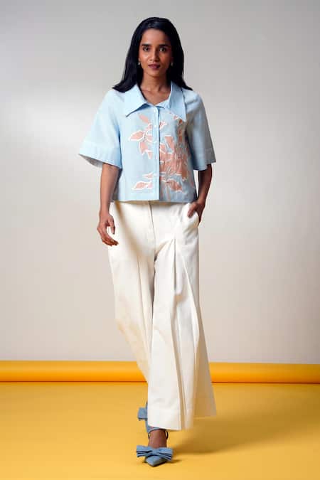 Buy Madder Much Aqua Cotton Embroidery Collared Ice Blue Top And Wide-leg Pant Set Online at Aza Fashions Buy_Madder Much_Aqua Cotton Embroidery Collared Ice Blue Top And Wide-leg Pant Set _Online_at_Aza_Fashions