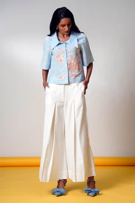 Shop Madder Much Aqua Cotton Embroidery Collared Ice Blue Top And Wide-leg Pant Set Online at Aza Fashions Shop_Madder Much_Aqua Cotton Embroidery Collared Ice Blue Top And Wide-leg Pant Set _Online_at_Aza_Fashions