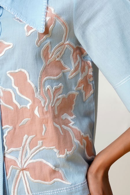 Madder Much Aqua Cotton Embroidery Collared Ice Blue Top And Wide-leg Pant Set at Aza Fashions Madder Much_Aqua Cotton Embroidery Collared Ice Blue Top And Wide-leg Pant Set _at_Aza_Fashions