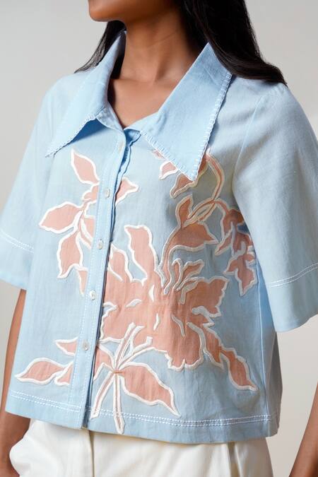 Buy Madder Much Aqua Cotton Embroidery Collared Ice Blue Top And Wide-leg Pant Set Buy_Madder Much_Aqua Cotton Embroidery Collared Ice Blue Top And Wide-leg Pant Set