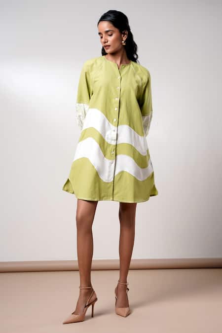 Shop Madder Much Green Cotton Embroidery Round Neck Hope Olive Bloom Short Dress at Aza Fashions Shop_Madder Much_Green Cotton Embroidery Round Neck Hope Olive Bloom Short Dress _at_Aza_Fashions