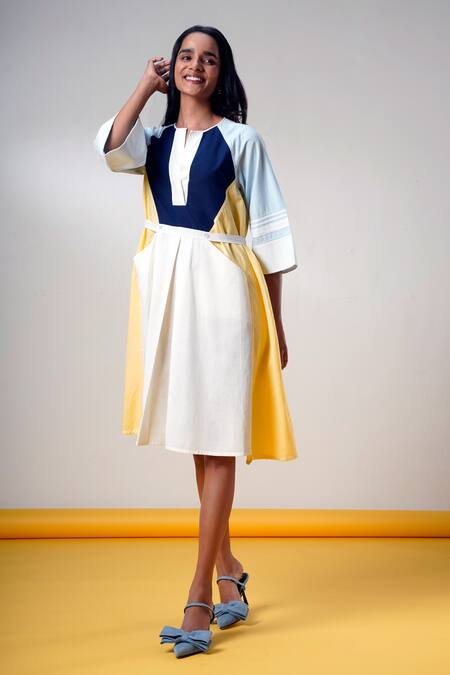 Madder Much_Multi Color Handloom Cotton Split V-neck Dress _Online_at_Aza_Fashions