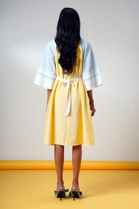 Shop_Madder Much_Multi Color Handloom Cotton Split V-neck Dress _at_Aza_Fashions