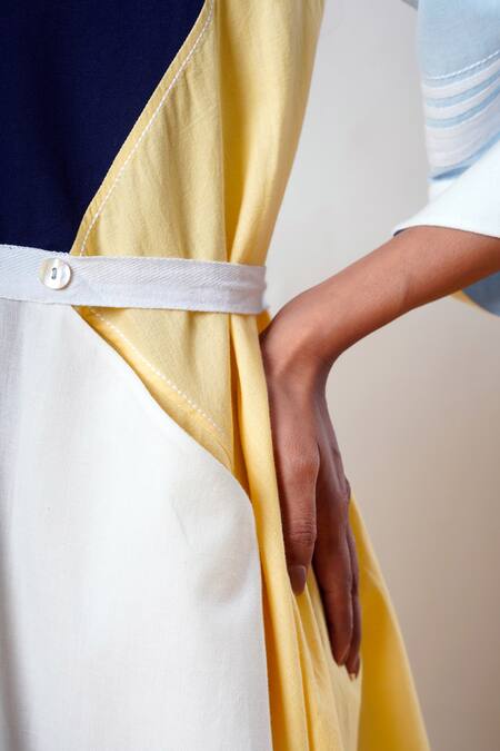 Shop_Madder Much_Multi Color Handloom Cotton Split V-neck Dress _Online_at_Aza_Fashions