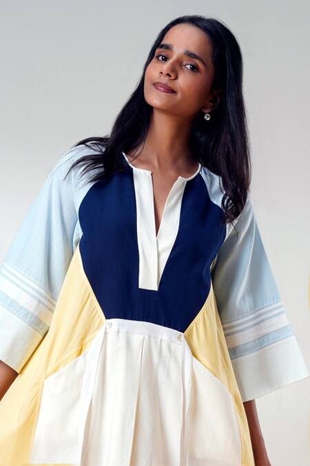 Madder Much_Multi Color Handloom Cotton Split V-neck Dress _at_Aza_Fashions