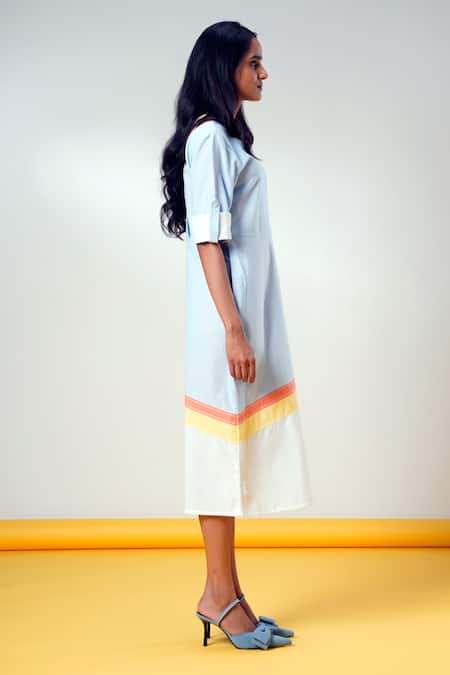 Madder Much Blue Cotton V-neck Fiji-ni-horizon-glow Midi Dress Online at Aza Fashions Madder Much_Blue Cotton V-neck Fiji-ni-horizon-glow Midi Dress _Online_at_Aza_Fashions