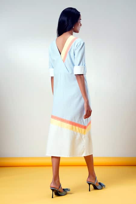 Shop Madder Much Blue Cotton V-neck Fiji-ni-horizon-glow Midi Dress at Aza Fashions Shop_Madder Much_Blue Cotton V-neck Fiji-ni-horizon-glow Midi Dress _at_Aza_Fashions