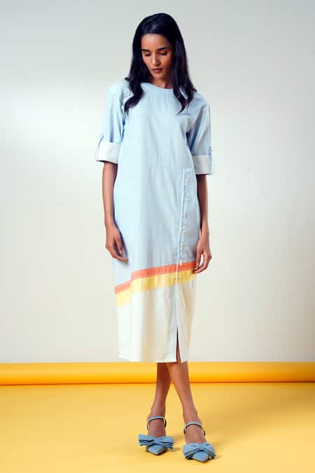 Madder Much Blue Cotton V-neck Fiji-ni-horizon-glow Midi Dress 
