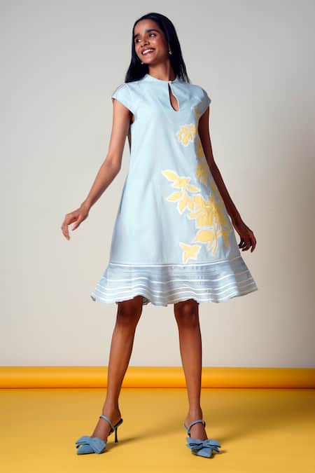 Madder Much Blue Cotton Embroidery Keyhole Neck Ice Handloom Dress Online at Aza Fashions Madder Much_Blue Cotton Embroidery Keyhole Neck Ice Handloom Dress _Online_at_Aza_Fashions