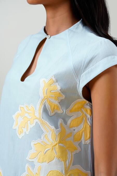 Buy Madder Much Blue Cotton Embroidery Keyhole Neck Ice Handloom Dress Buy_Madder Much_Blue Cotton Embroidery Keyhole Neck Ice Handloom Dress