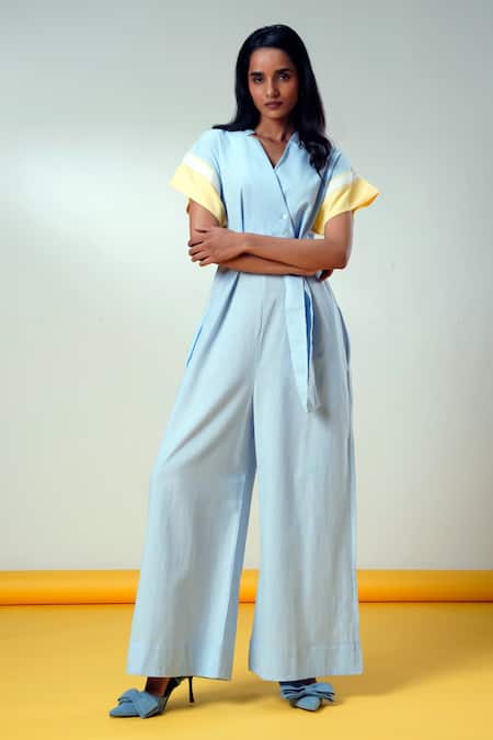 Shop Madder Much Blue Cotton V-neck Ice Handloom Jumpsuit And Belt at Aza Fashions Shop_Madder Much_Blue Cotton V-neck Ice Handloom Jumpsuit And Belt _at_Aza_Fashions