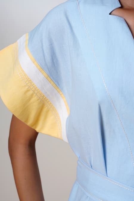 Shop Madder Much Blue Cotton V-neck Ice Handloom Jumpsuit And Belt Online at Aza Fashions Shop_Madder Much_Blue Cotton V-neck Ice Handloom Jumpsuit And Belt _Online_at_Aza_Fashions