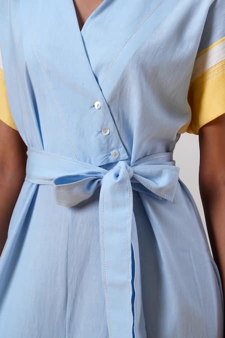 Madder Much Blue Cotton V-neck Ice Handloom Jumpsuit And Belt at Aza Fashions Madder Much_Blue Cotton V-neck Ice Handloom Jumpsuit And Belt _at_Aza_Fashions