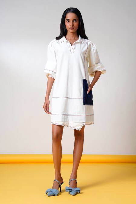 Madder Much_White Cotton Collared Malik Denim Dream Short Dress _at_Aza_Fashions