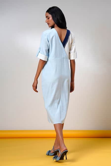 Shop Madder Much Blue Cotton V-neck Fiji Celestial Horizon Dress at Aza Fashions Shop_Madder Much_Blue Cotton V-neck Fiji Celestial Horizon Dress _at_Aza_Fashions