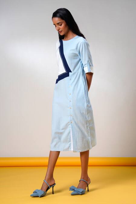 Shop Madder Much Blue Cotton V-neck Fiji Celestial Horizon Dress Online at Aza Fashions Shop_Madder Much_Blue Cotton V-neck Fiji Celestial Horizon Dress _Online_at_Aza_Fashions