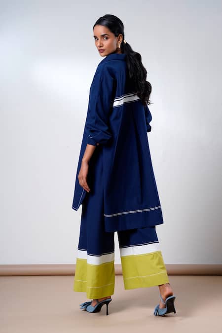 Shop Madder Much Blue Cotton Collared Indigo Handloom Kurta And Pant Set at Aza Fashions Shop_Madder Much_Blue Cotton Collared Indigo Handloom Kurta And Pant Set _at_Aza_Fashions