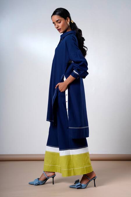 Madder Much Blue Cotton Collared Indigo Handloom Kurta And Pant Set Online at Aza Fashions Madder Much_Blue Cotton Collared Indigo Handloom Kurta And Pant Set _Online_at_Aza_Fashions