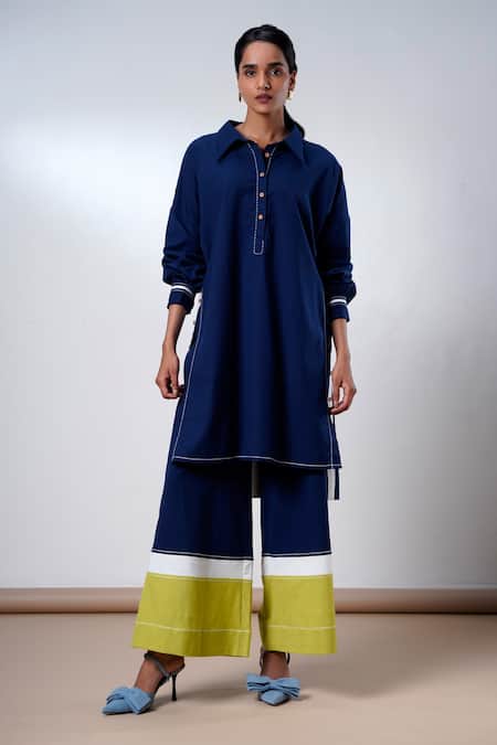 Shop Madder Much Blue Cotton Collared Indigo Handloom Kurta And Pant Set Online at Aza Fashions Shop_Madder Much_Blue Cotton Collared Indigo Handloom Kurta And Pant Set _Online_at_Aza_Fashions
