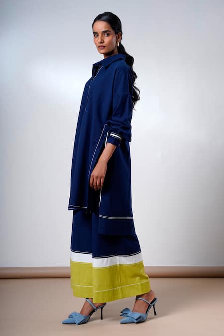 Buy Madder Much Blue Cotton Collared Indigo Handloom Kurta And Pant Set Buy_Madder Much_Blue Cotton Collared Indigo Handloom Kurta And Pant Set