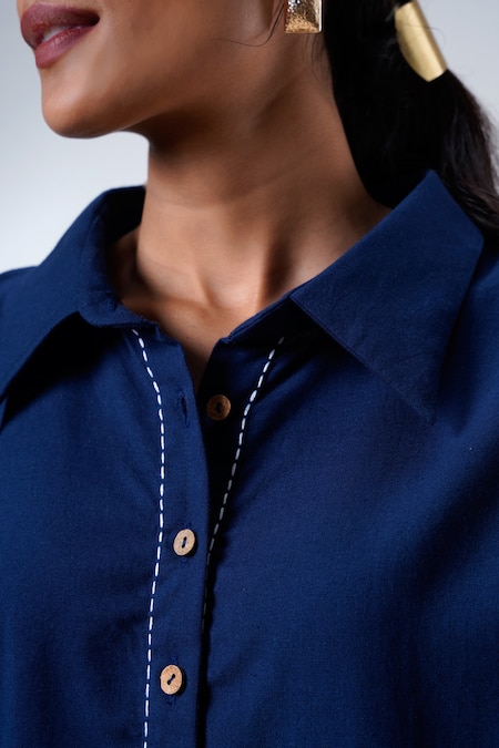 Shop Madder Much Blue Cotton Collared Indigo Handloom Kurta And Pant Set Shop_Madder Much_Blue Cotton Collared Indigo Handloom Kurta And Pant Set