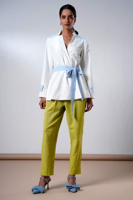 Madder Much White Cotton V-neck Top And Olive Pant Set 
