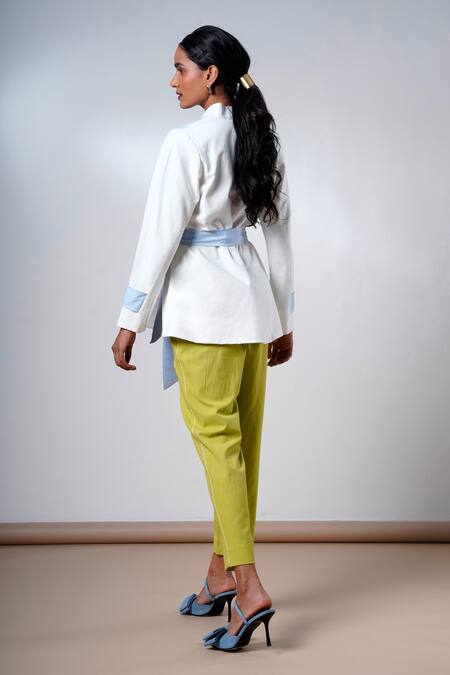 Madder Much White Cotton V-neck Top And Olive Pant Set Online at Aza Fashions Madder Much_White Cotton V-neck Top And Olive Pant Set _Online_at_Aza_Fashions